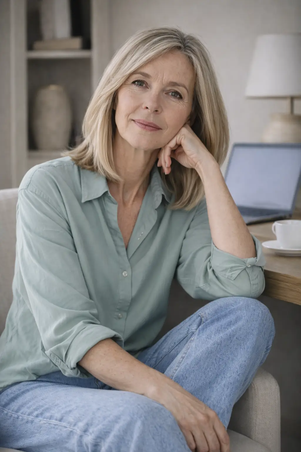 Thoughtful moments in a serene living room (1) sage shirt more age appropriate